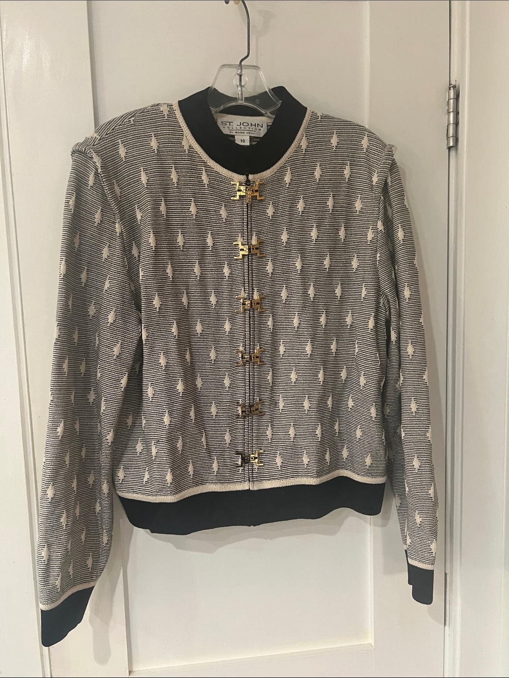 St. John Black & Cream Knit Jacket with Gold Clasp Closures - Vintage